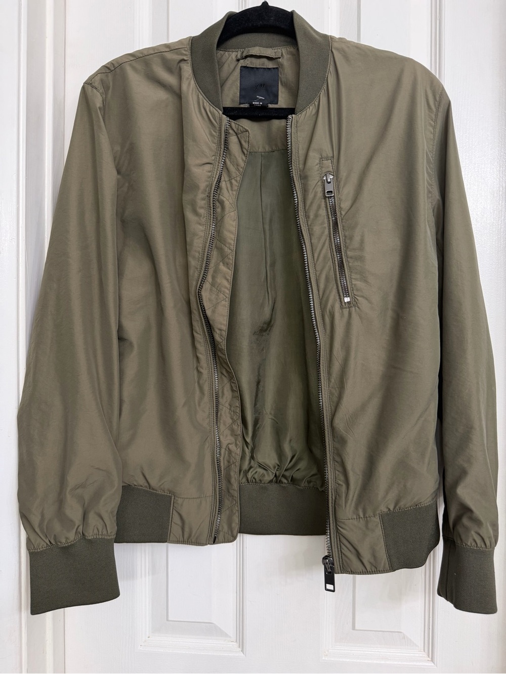 7127 H&M Unisex Olive Army Green Bomber Jacket - Casual Lightweight Coat XS